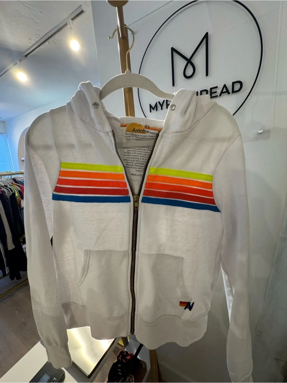 Aviator Nation White Hoodie with Rainbow Stripe Accents Size XS Fair Condition - Picture 5 of 9